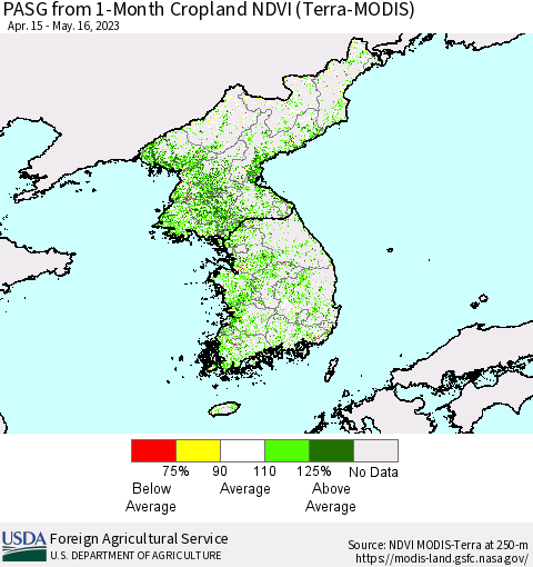 Korea PASG from 1-Month Cropland NDVI (Terra-MODIS) Thematic Map For 5/11/2023 - 5/20/2023