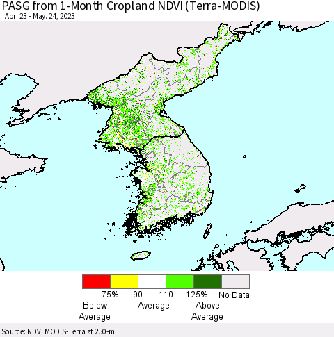 Korea PASG from 1-Month Cropland NDVI (Terra-MODIS) Thematic Map For 5/17/2023 - 5/24/2023