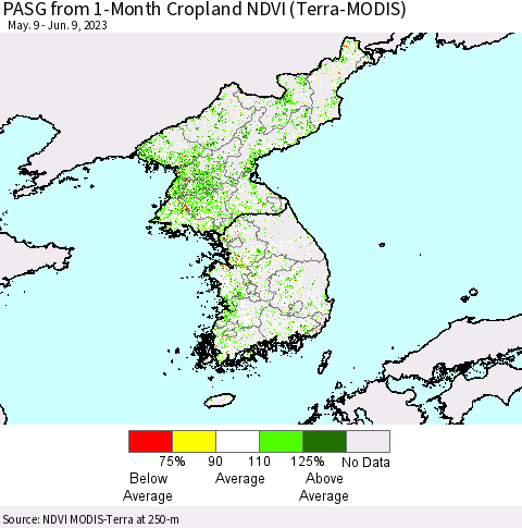 Korea PASG from 1-Month Cropland NDVI (Terra-MODIS) Thematic Map For 6/2/2023 - 6/9/2023