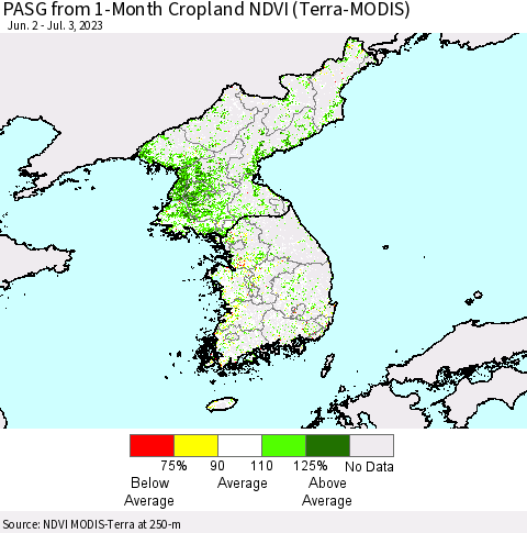 Korea PASG from 1-Month Cropland NDVI (Terra-MODIS) Thematic Map For 6/26/2023 - 7/3/2023