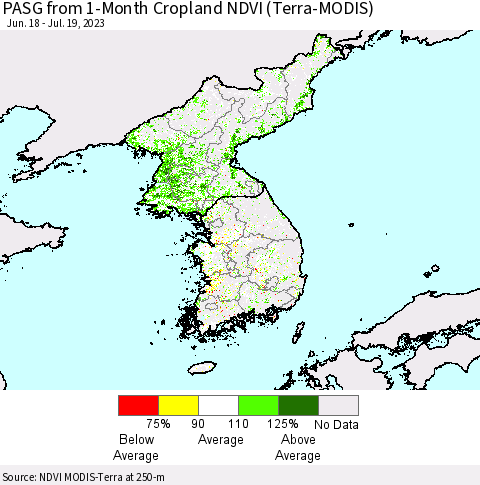 Korea PASG from 1-Month Cropland NDVI (Terra-MODIS) Thematic Map For 7/12/2023 - 7/19/2023
