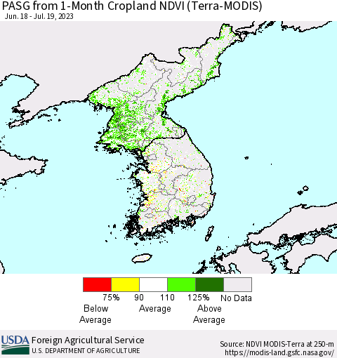 Korea PASG from 1-Month Cropland NDVI (Terra-MODIS) Thematic Map For 7/11/2023 - 7/20/2023