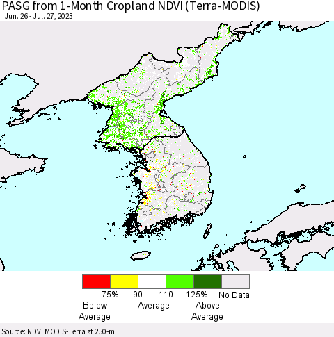 Korea PASG from 1-Month Cropland NDVI (Terra-MODIS) Thematic Map For 7/20/2023 - 7/27/2023