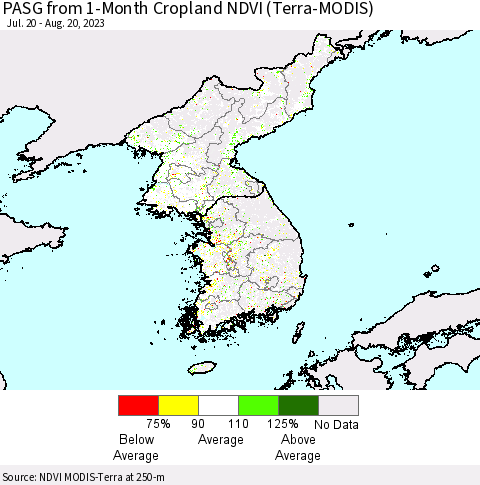 Korea PASG from 1-Month Cropland NDVI (Terra-MODIS) Thematic Map For 8/11/2023 - 8/20/2023
