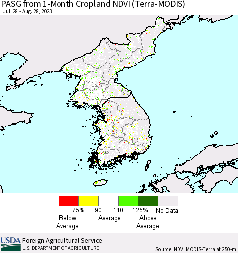 Korea PASG from 1-Month Cropland NDVI (Terra-MODIS) Thematic Map For 8/21/2023 - 8/31/2023