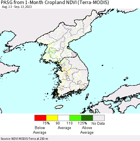 Korea PASG from 1-Month Cropland NDVI (Terra-MODIS) Thematic Map For 9/6/2023 - 9/13/2023