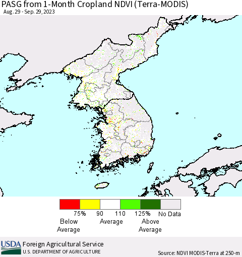 Korea PASG from 1-Month Cropland NDVI (Terra-MODIS) Thematic Map For 9/21/2023 - 9/30/2023