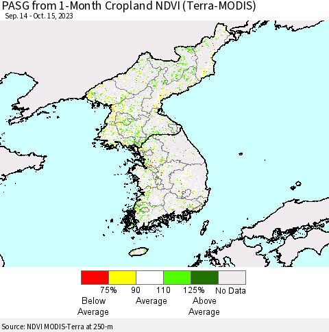 Korea PASG from 1-Month Cropland NDVI (Terra-MODIS) Thematic Map For 10/8/2023 - 10/15/2023