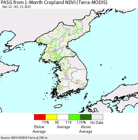 Korea PASG from 1-Month Cropland NDVI (Terra-MODIS) Thematic Map For 10/16/2023 - 10/23/2023