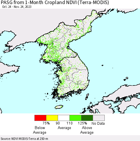 Korea PASG from 1-Month Cropland NDVI (Terra-MODIS) Thematic Map For 11/17/2023 - 11/24/2023