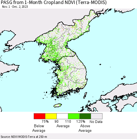 Korea PASG from 1-Month Cropland NDVI (Terra-MODIS) Thematic Map For 11/25/2023 - 12/2/2023