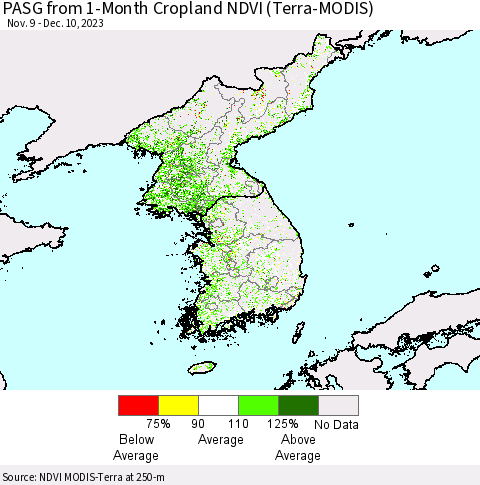 Korea PASG from 1-Month Cropland NDVI (Terra-MODIS) Thematic Map For 12/3/2023 - 12/10/2023