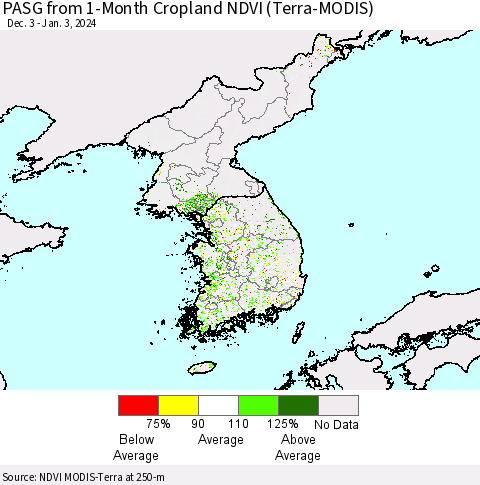 Korea PASG from 1-Month Cropland NDVI (Terra-MODIS) Thematic Map For 12/27/2023 - 1/3/2024
