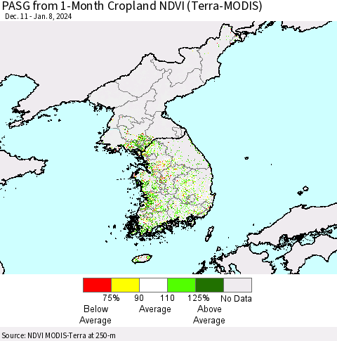 Korea PASG from 1-Month Cropland NDVI (Terra-MODIS) Thematic Map For 1/1/2024 - 1/8/2024