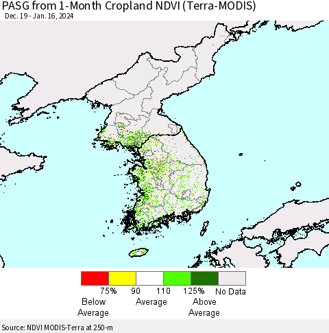 Korea PASG from 1-Month Cropland NDVI (Terra-MODIS) Thematic Map For 1/9/2024 - 1/16/2024