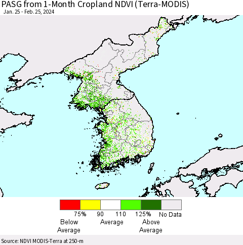 Korea PASG from 1-Month Cropland NDVI (Terra-MODIS) Thematic Map For 2/18/2024 - 2/25/2024