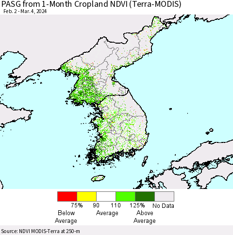 Korea PASG from 1-Month Cropland NDVI (Terra-MODIS) Thematic Map For 2/26/2024 - 3/4/2024