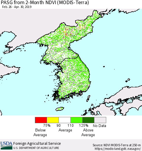 Korea PASG from 2-Month NDVI (Terra-MODIS) Thematic Map For 4/21/2019 - 4/30/2019
