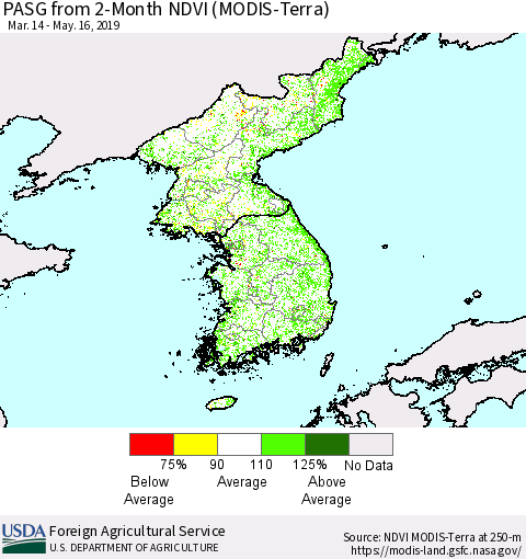 Korea PASG from 2-Month NDVI (Terra-MODIS) Thematic Map For 5/11/2019 - 5/20/2019