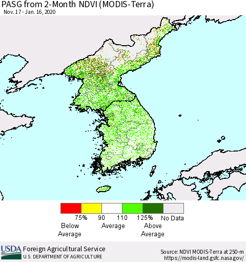 Korea PASG from 2-Month NDVI (Terra-MODIS) Thematic Map For 1/11/2020 - 1/20/2020