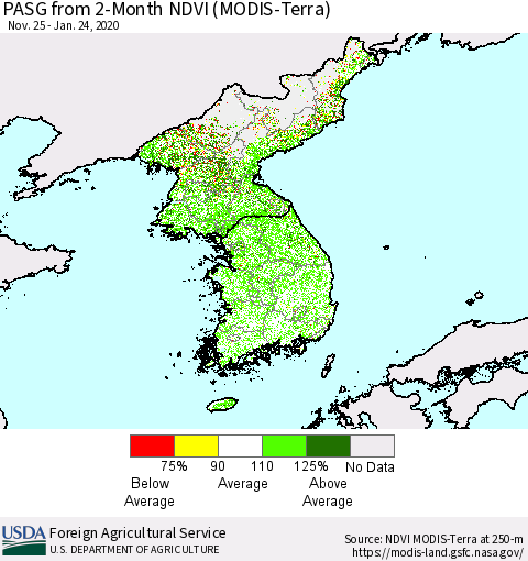 Korea PASG from 2-Month NDVI (Terra-MODIS) Thematic Map For 1/21/2020 - 1/31/2020