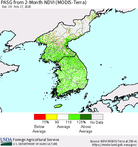 Korea PASG from 2-Month NDVI (Terra-MODIS) Thematic Map For 2/11/2020 - 2/20/2020