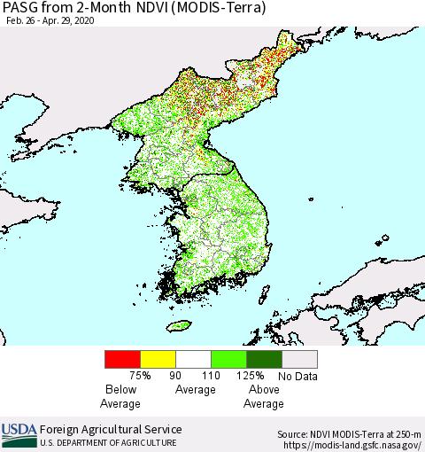 Korea PASG from 2-Month NDVI (Terra-MODIS) Thematic Map For 4/21/2020 - 4/30/2020