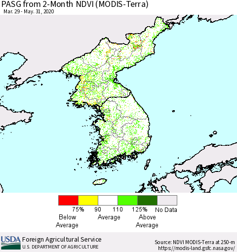 Korea PASG from 2-Month NDVI (Terra-MODIS) Thematic Map For 5/21/2020 - 5/31/2020