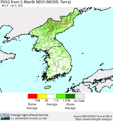Korea PASG from 2-Month NDVI (Terra-MODIS) Thematic Map For 1/1/2021 - 1/10/2021