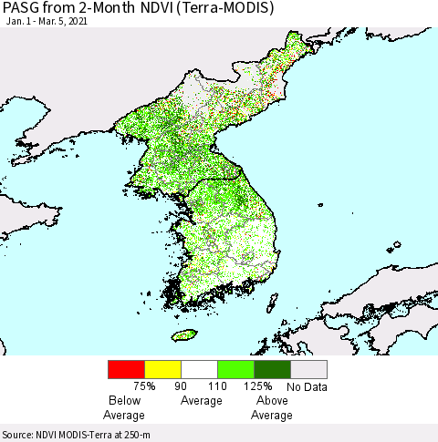 Korea PASG from 2-Month NDVI (Terra-MODIS) Thematic Map For 2/26/2021 - 3/5/2021