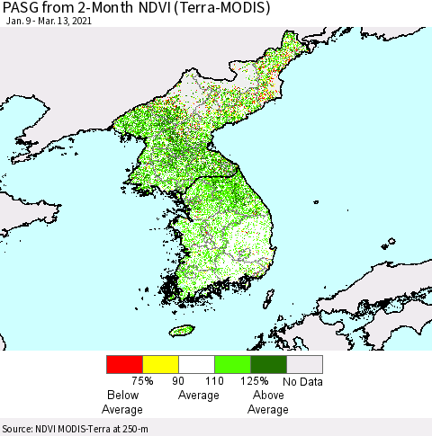 Korea PASG from 2-Month NDVI (Terra-MODIS) Thematic Map For 3/6/2021 - 3/13/2021