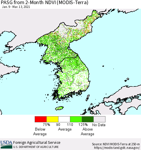 Korea PASG from 2-Month NDVI (Terra-MODIS) Thematic Map For 3/11/2021 - 3/20/2021