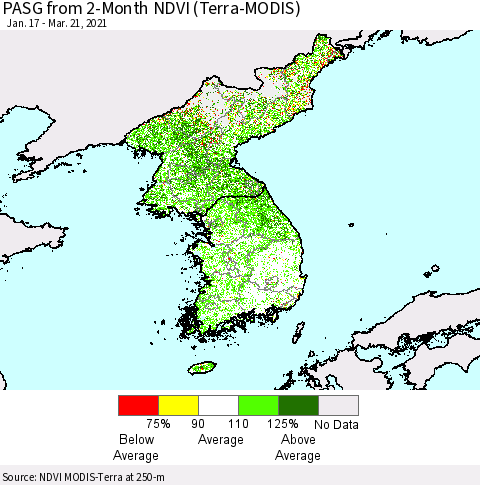Korea PASG from 2-Month NDVI (Terra-MODIS) Thematic Map For 3/14/2021 - 3/21/2021