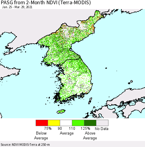 Korea PASG from 2-Month NDVI (Terra-MODIS) Thematic Map For 3/22/2021 - 3/29/2021