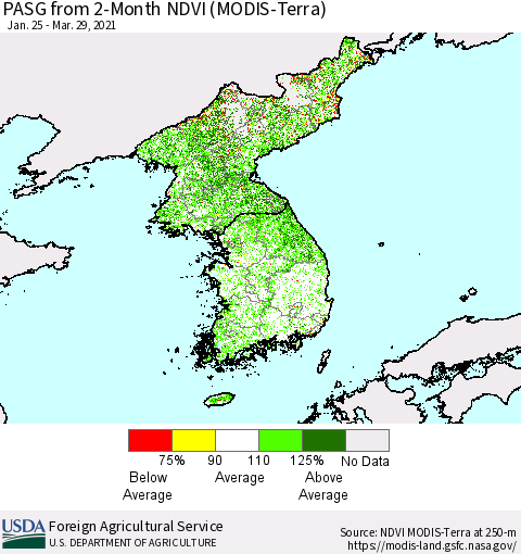 Korea PASG from 2-Month NDVI (Terra-MODIS) Thematic Map For 3/21/2021 - 3/31/2021