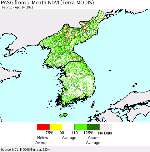 Korea PASG from 2-Month NDVI (Terra-MODIS) Thematic Map For 4/7/2021 - 4/14/2021