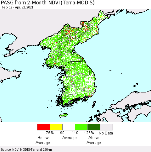 Korea PASG from 2-Month NDVI (Terra-MODIS) Thematic Map For 4/15/2021 - 4/22/2021