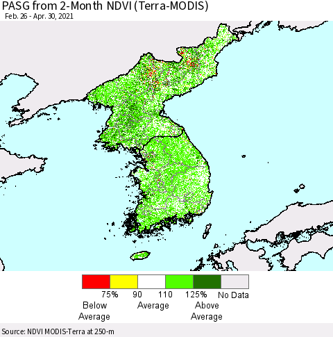 Korea PASG from 2-Month NDVI (Terra-MODIS) Thematic Map For 4/23/2021 - 4/30/2021