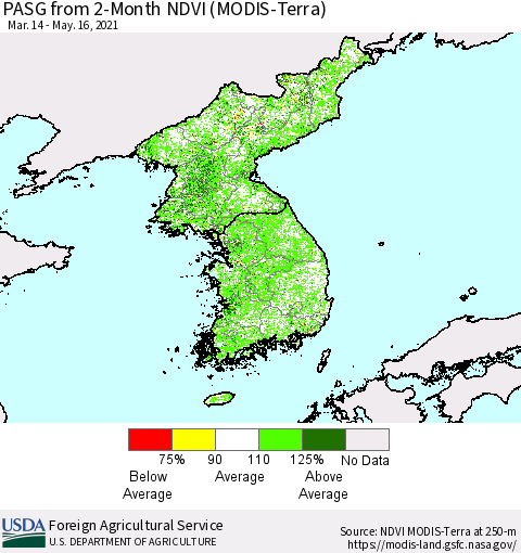 Korea PASG from 2-Month NDVI (Terra-MODIS) Thematic Map For 5/11/2021 - 5/20/2021