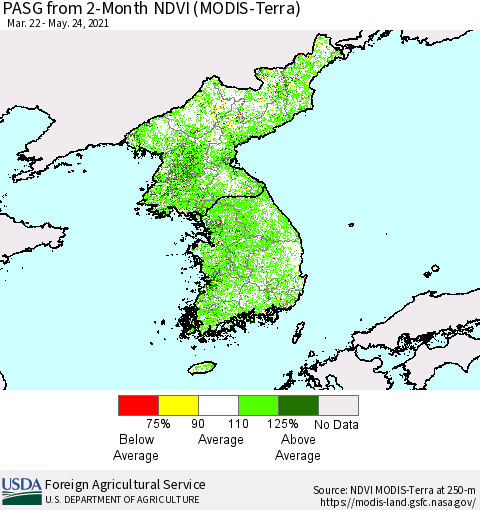 Korea PASG from 2-Month NDVI (Terra-MODIS) Thematic Map For 5/21/2021 - 5/31/2021