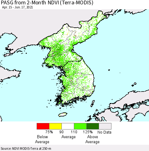 Korea PASG from 2-Month NDVI (Terra-MODIS) Thematic Map For 6/10/2021 - 6/17/2021