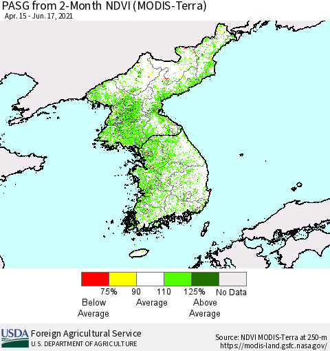 Korea PASG from 2-Month NDVI (Terra-MODIS) Thematic Map For 6/11/2021 - 6/20/2021