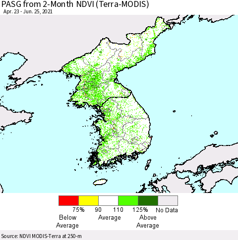 Korea PASG from 2-Month NDVI (Terra-MODIS) Thematic Map For 6/18/2021 - 6/25/2021