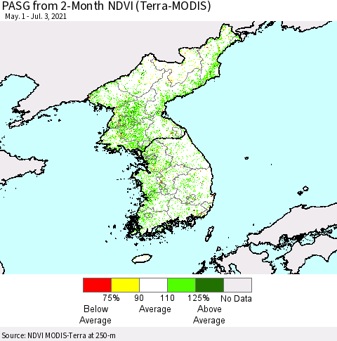 Korea PASG from 2-Month NDVI (Terra-MODIS) Thematic Map For 6/26/2021 - 7/3/2021