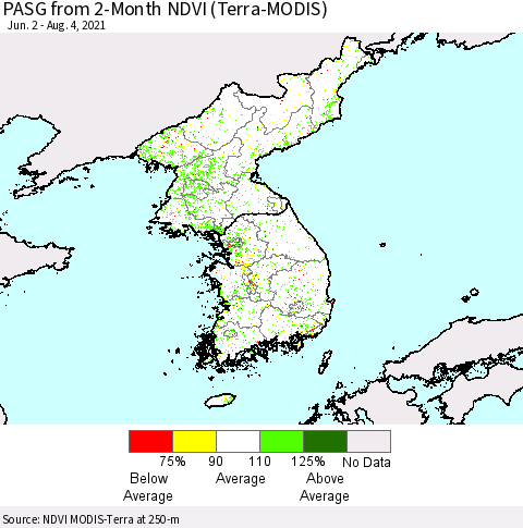 Korea PASG from 2-Month NDVI (Terra-MODIS) Thematic Map For 7/28/2021 - 8/4/2021
