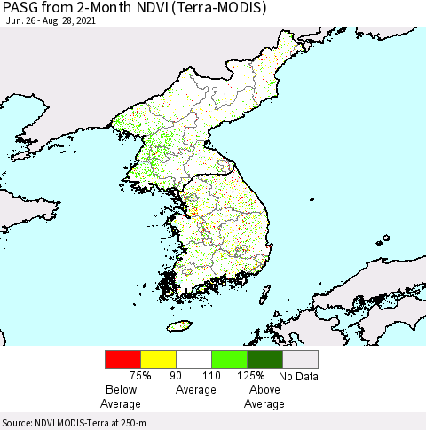 Korea PASG from 2-Month NDVI (Terra-MODIS) Thematic Map For 8/21/2021 - 8/28/2021
