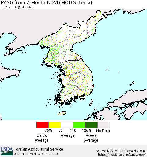 Korea PASG from 2-Month NDVI (Terra-MODIS) Thematic Map For 8/21/2021 - 8/31/2021