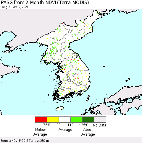 Korea PASG from 2-Month NDVI (Terra-MODIS) Thematic Map For 9/30/2021 - 10/7/2021
