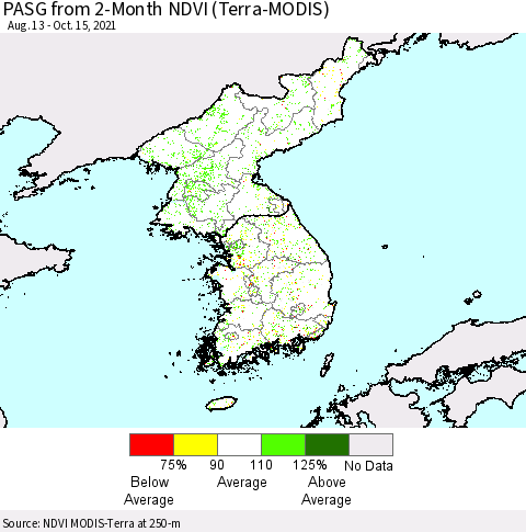Korea PASG from 2-Month NDVI (Terra-MODIS) Thematic Map For 10/8/2021 - 10/15/2021
