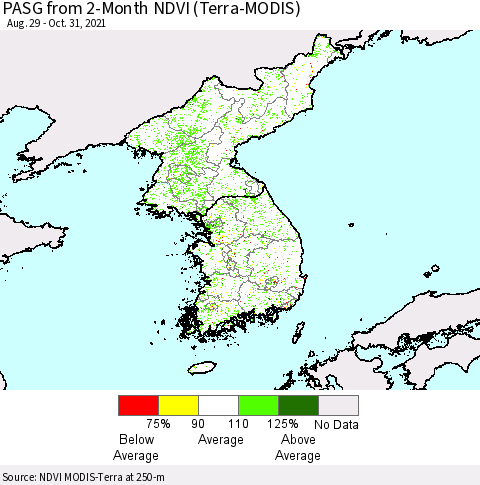 Korea PASG from 2-Month NDVI (Terra-MODIS) Thematic Map For 10/24/2021 - 10/31/2021